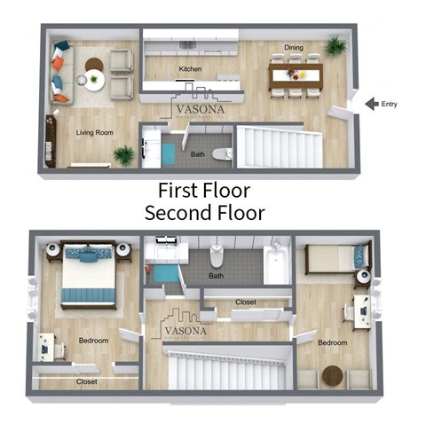 Floor plan for 2 beds, 1.5 baths, 925 sqft